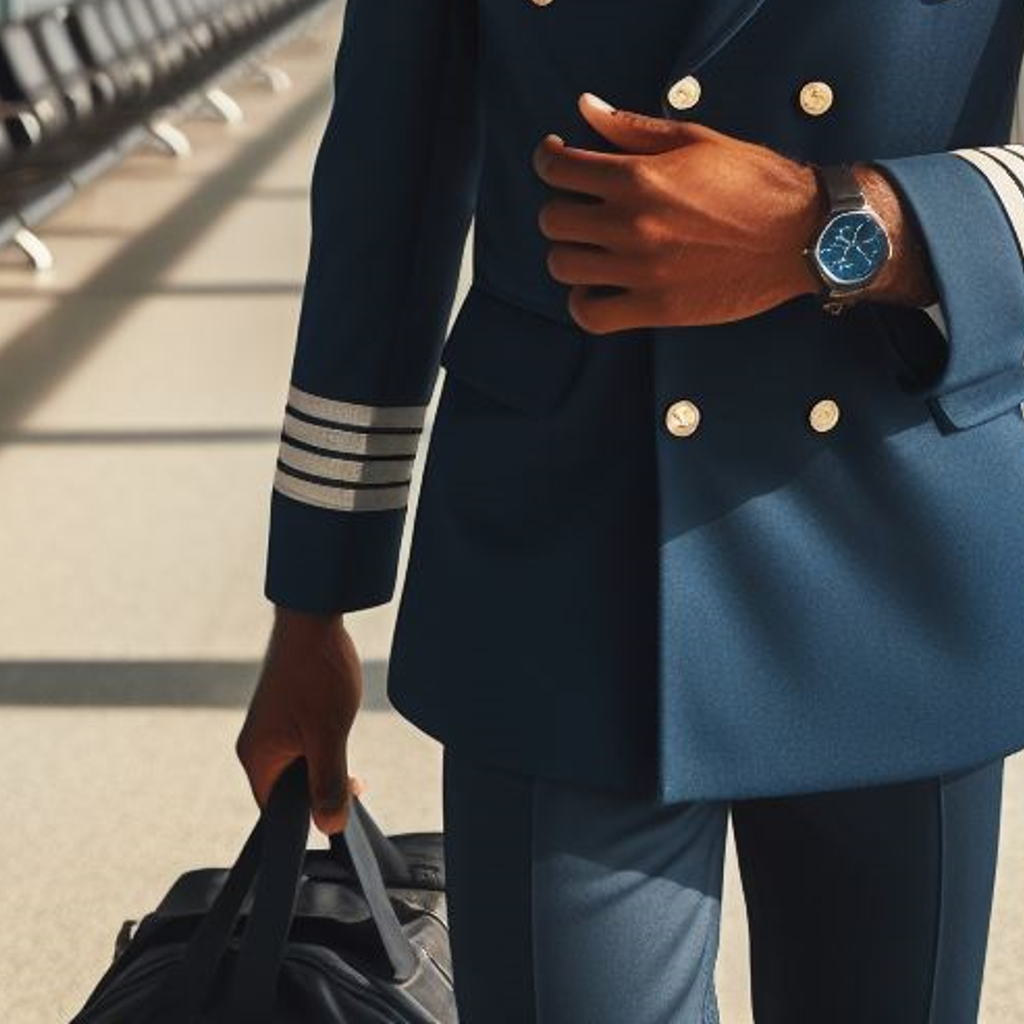 A pilot walks in the terminal with a flight bag in hand